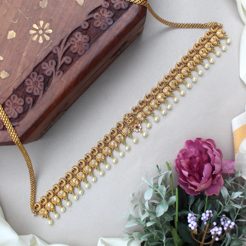 Antique Gold Cute Small Lakshmi Peacock AD Bridal Hipchain